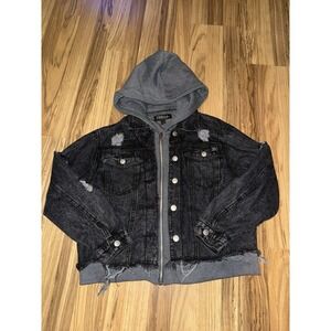Thrill Denim Hoodie Jacket Women's L Large Hooded‎ Long Sleeve Zip Distressed